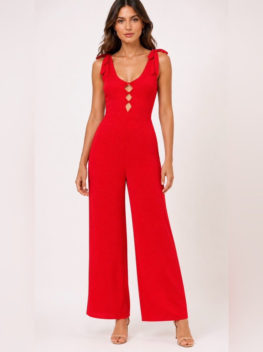 INTERMIX Red Tie-Shoulder Wide-Leg Jumpsuit with Diamond Cutouts. 100% silk